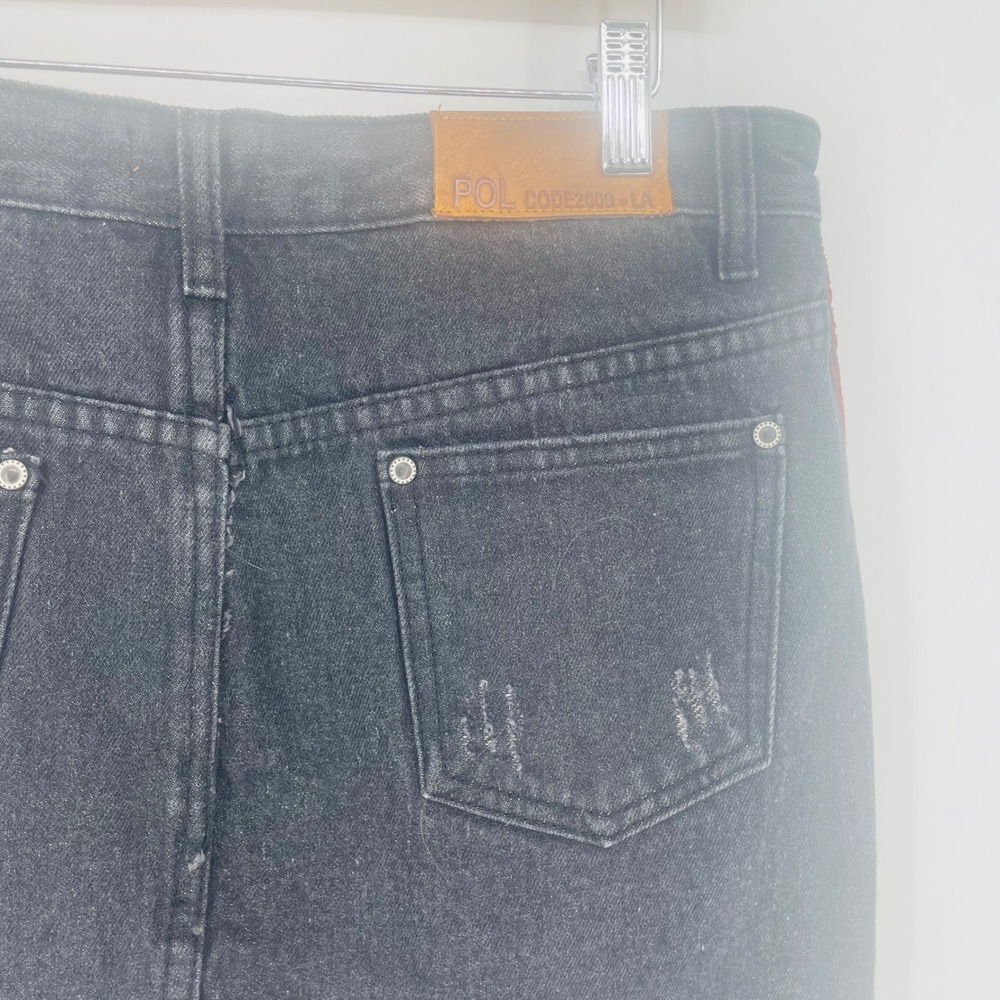 POL Black Distressed Denim Mini Skirt Rust Corduroy Stripe Raw Hem size L NWT - Picture 9 of 12